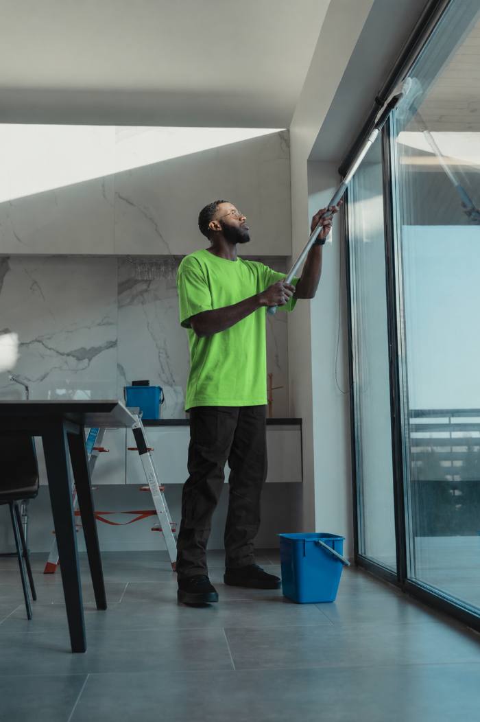 Cleaner in gloves washing a window