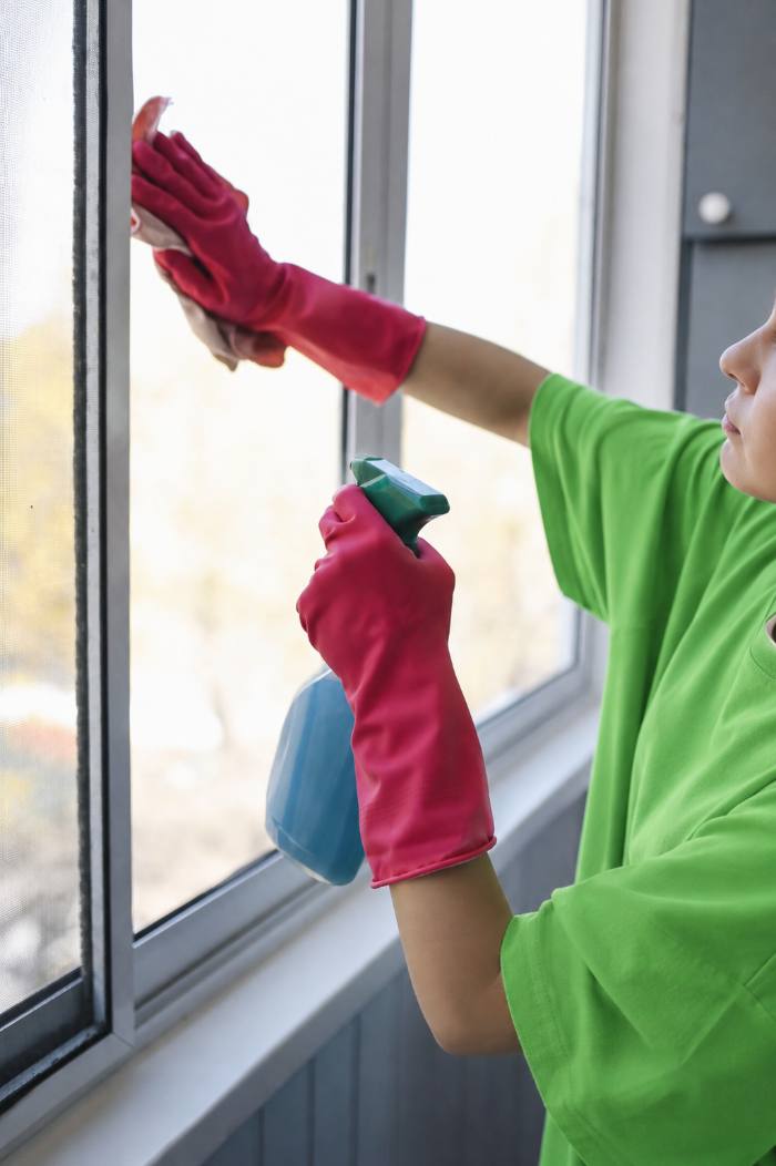 Cleaner wiping down a window with an extension pole